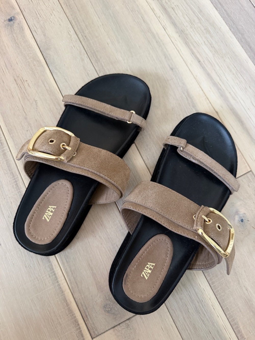 Zara Brown Suede Double Strap Slide Sandals with Gold Buckles